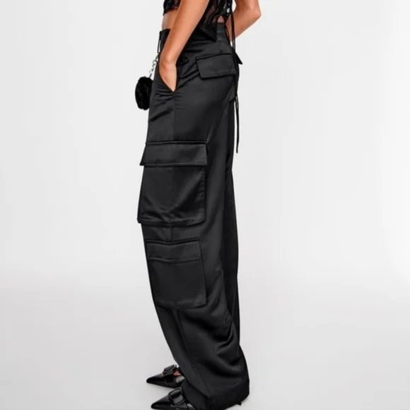 Zara Black Satin Cargo Pants - Picture 1 of 16